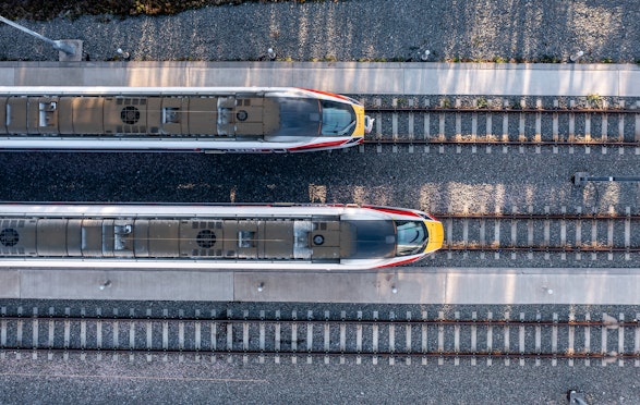 Aerial view of two trains