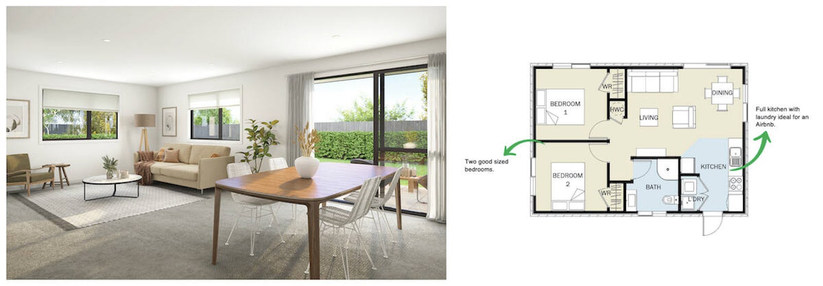 The Mynah plan is ideal for those looking to add a minor dwelling on their land, and given its compact size of 58m2, you may not need to obtain resource consent to build this 2-bedroom home.  
