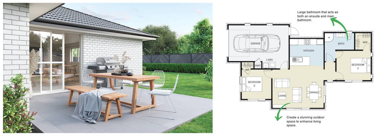 Modern, warm and low maintenance, our Tuke plan is perfect for those wanting easy living with all of the necessities in an open plan layout.  