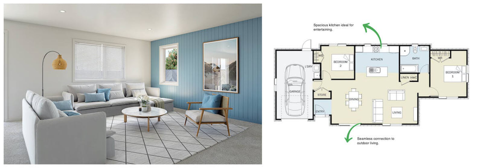 Smart and modern at its core our two bedroom Tui plan maximises space through a spacious open plan living area and dining area, while the kitchen creates a focal point.