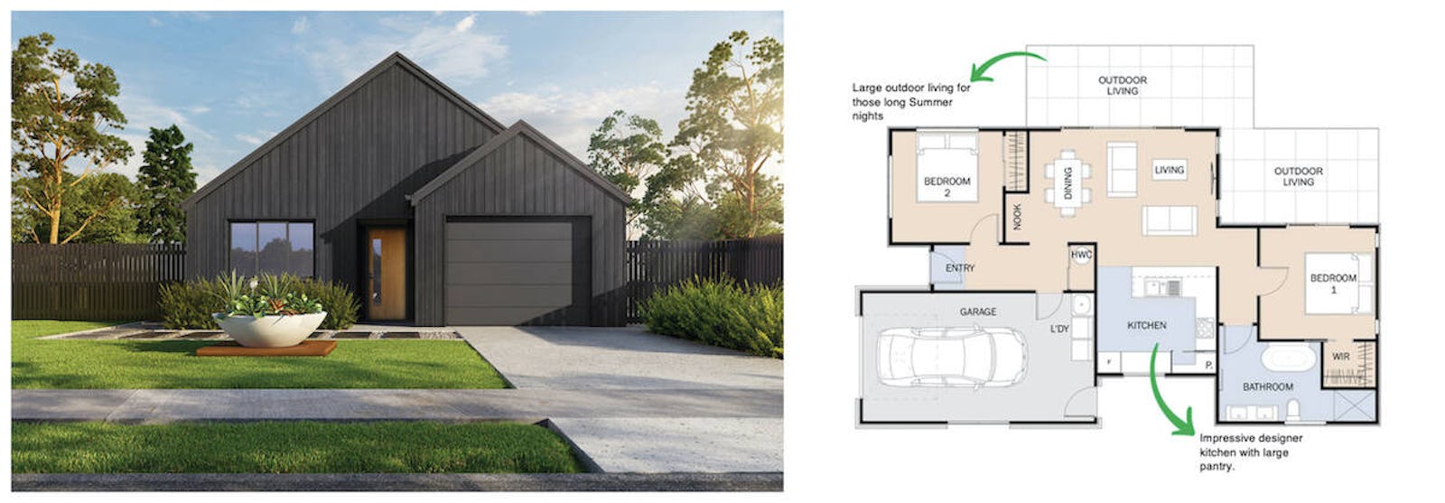 The two bedroom Sumner build plan has been designed with the Kiwi lifestyle in mind. 