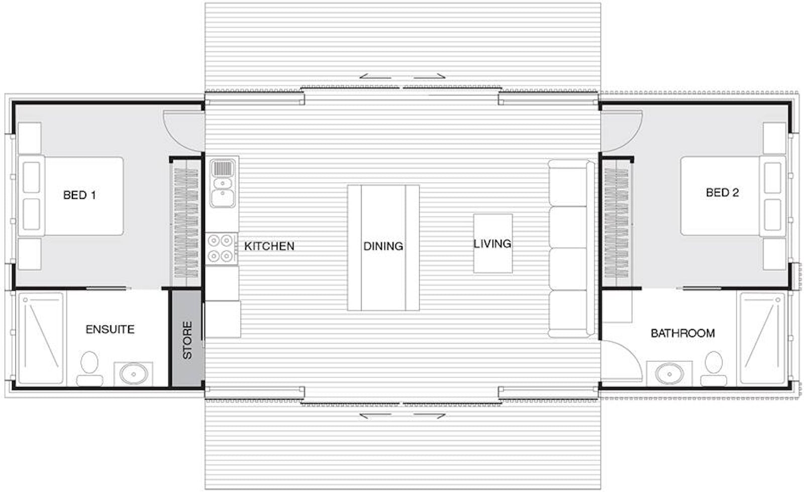 Two double bedrooms, each with an ensuite, neatly bookend the home