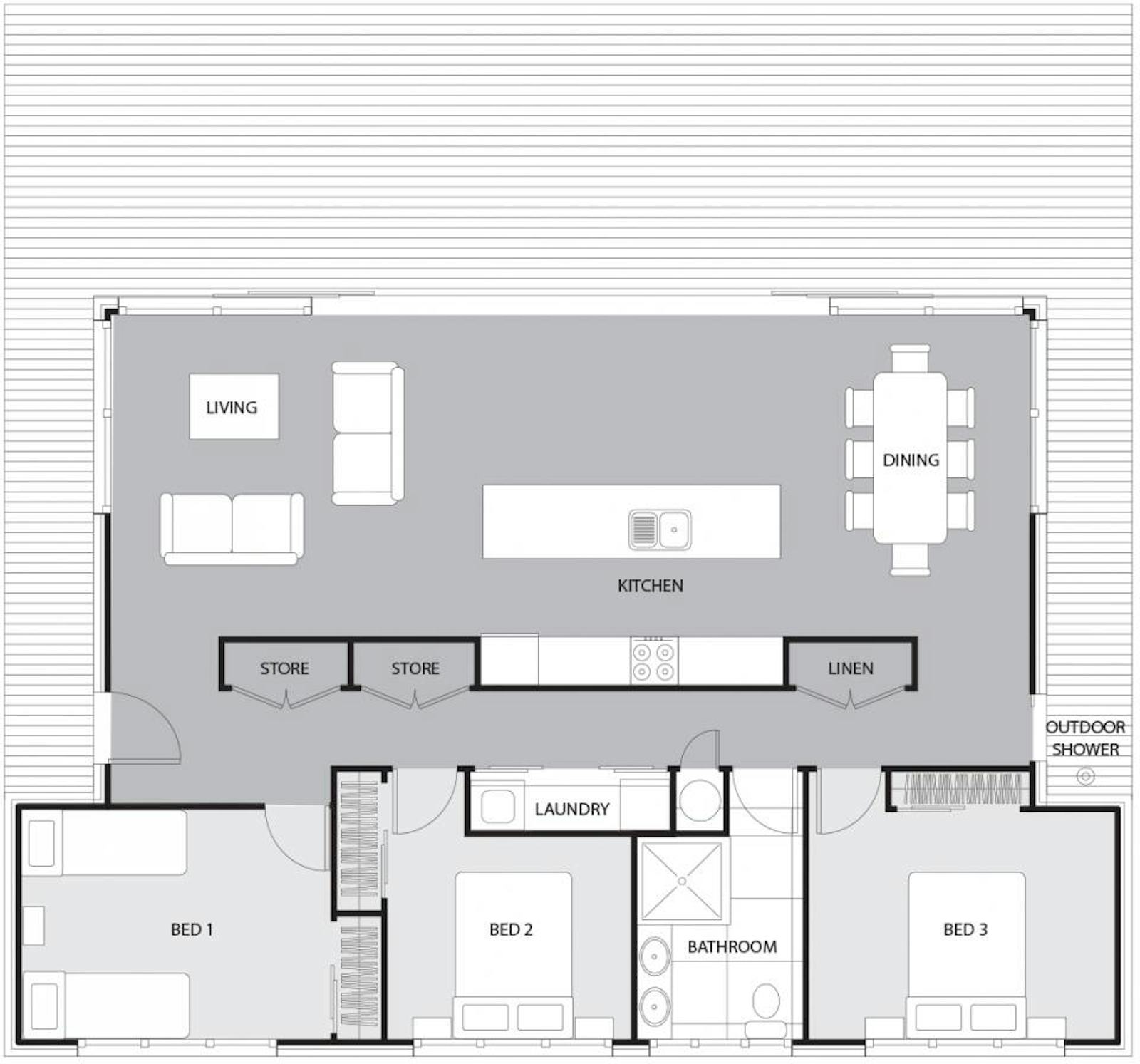 Ideal for entertaining and everyday relaxation, this 133sqm design features three bedrooms, one bathroom and a separate laundry. The open-plan kitchen, living and dining domain flows to wraparound decking. Generous storage and an outdoor shower complete the package.