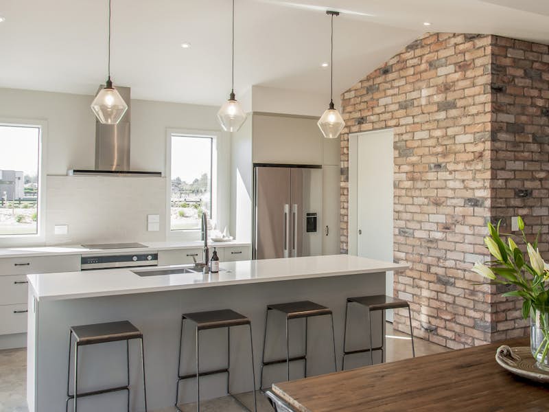modern kitchen, brick cladding, interior design