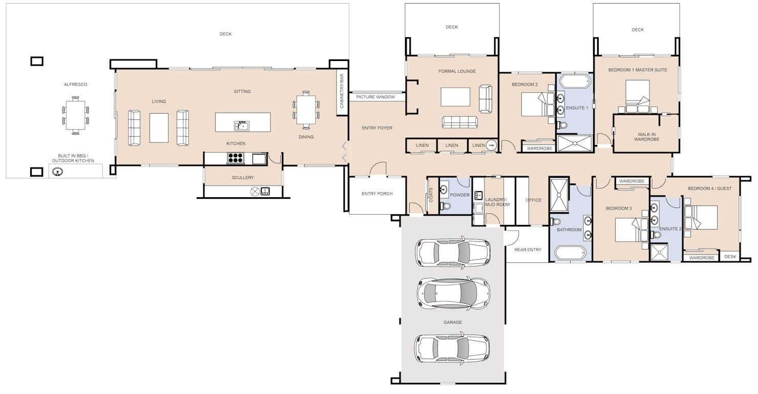 Four bedroom single level house plan over 300m2 with triple car garaging