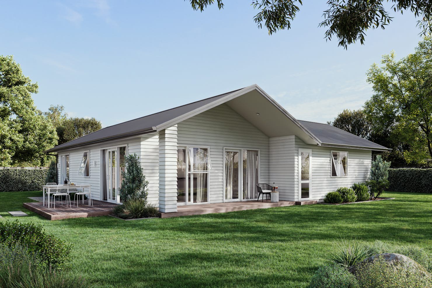 Two bedroom white weatherboard home with single car garage