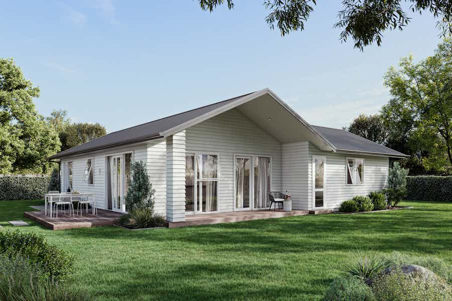 Two bedroom white weatherboard home with single car garage