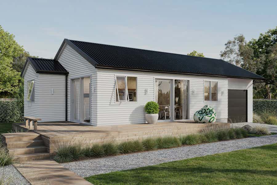 Two bedroom white weatherboard home with black steel roof and single car garage