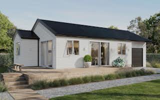 Two bedroom white weatherboard home with black steel roof and single car garage