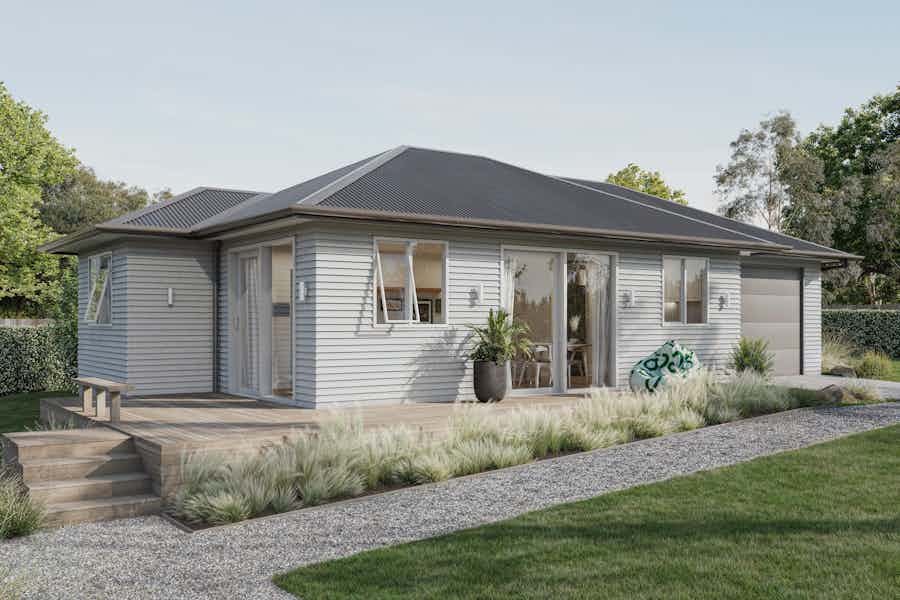 Two bedroom home with light grey weatherboard cladding light decking and single car garage by Signature Homes
