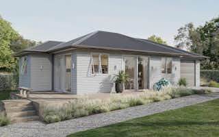 Two bedroom home with light grey weatherboard cladding light decking and single car garage by Signature Homes