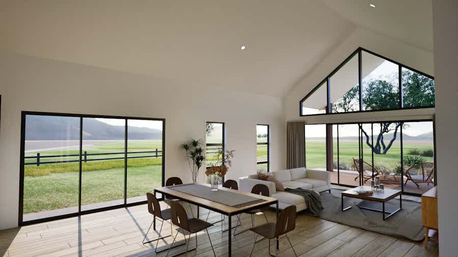 Signature Homes showhome with open-plan living, vaulted ceiling, and indoor-outdoor flow.