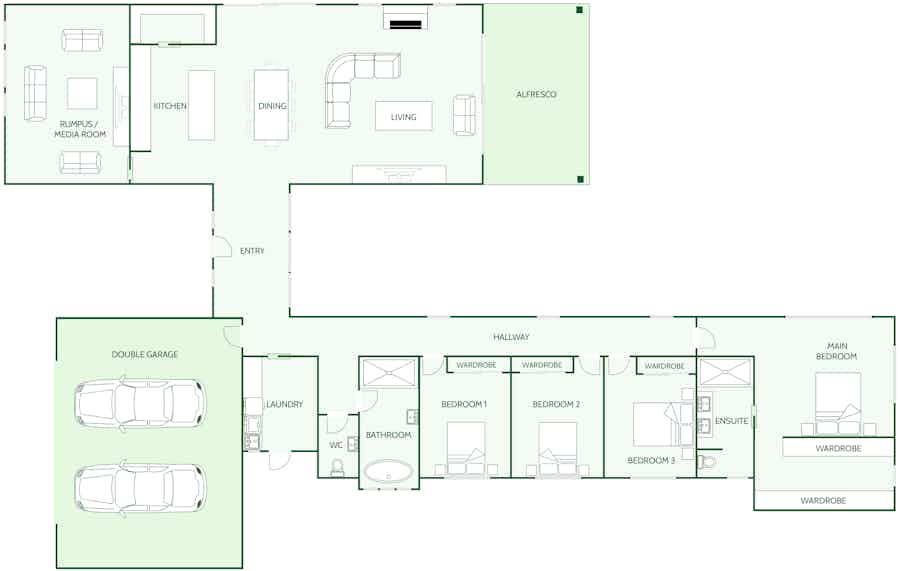 Signature Homes showhome floor plan featuring open-plan living, four bedrooms, and double garage.