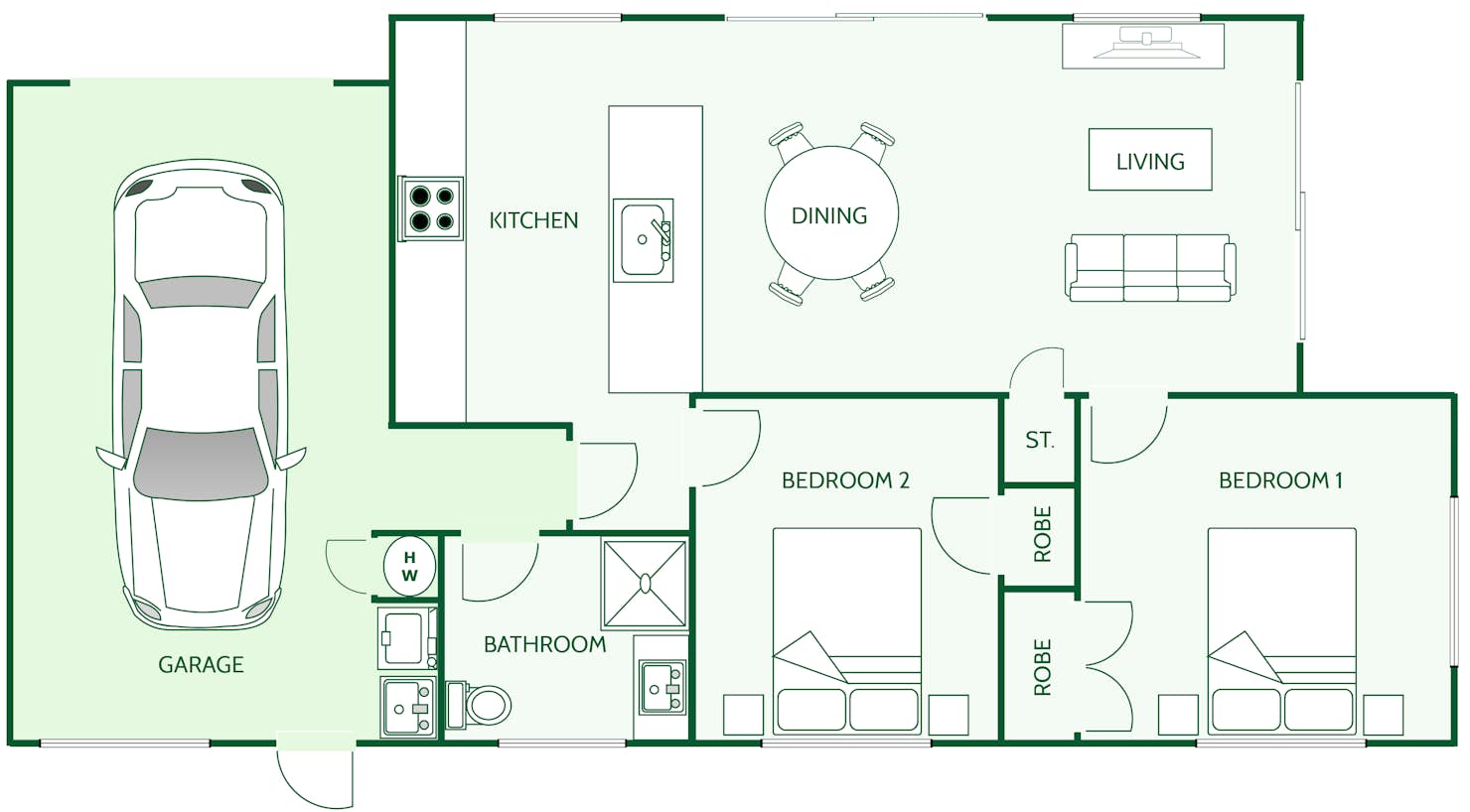 Minor dwelling house plan with two bedrooms by Signature Homes with internal access single car garaging