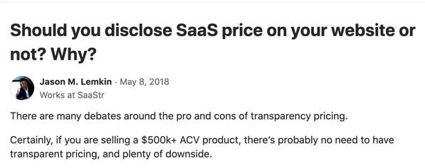Question: Should you disclose SaaS price on your website (image)