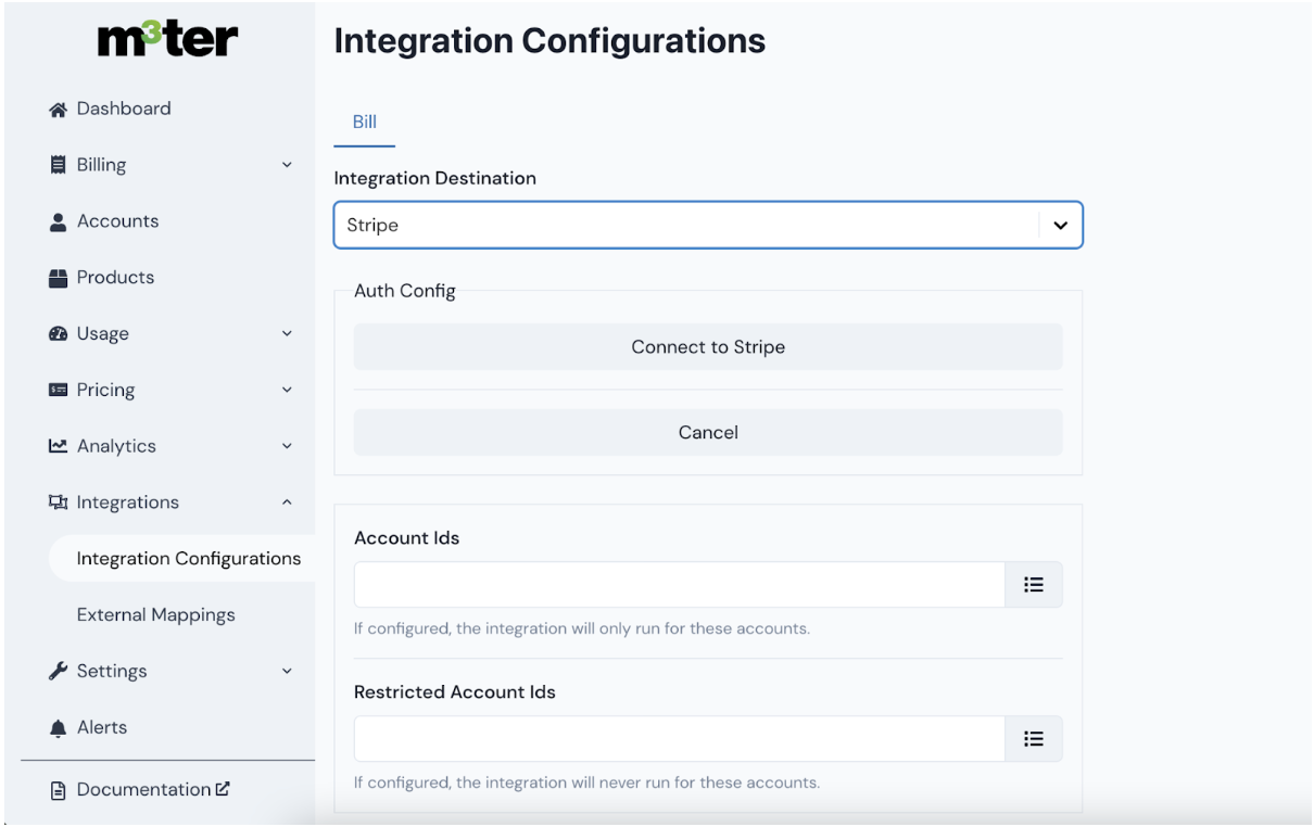 m3ter's screenshot of integration configurations