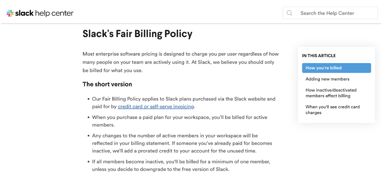 Screenshot of Slack Fair Billing Policy