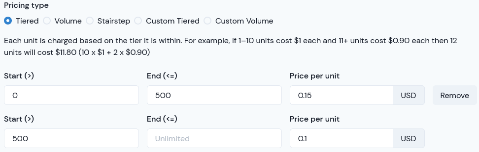 pricing type set up tiered, stair step, custom tiered, custom volume screenshot