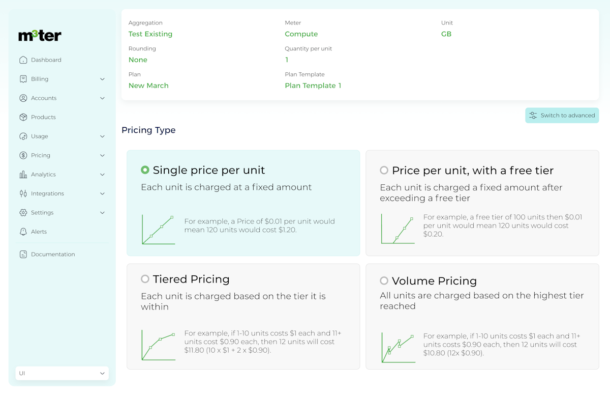 Usage based pricing examples on m3ters pricing platform