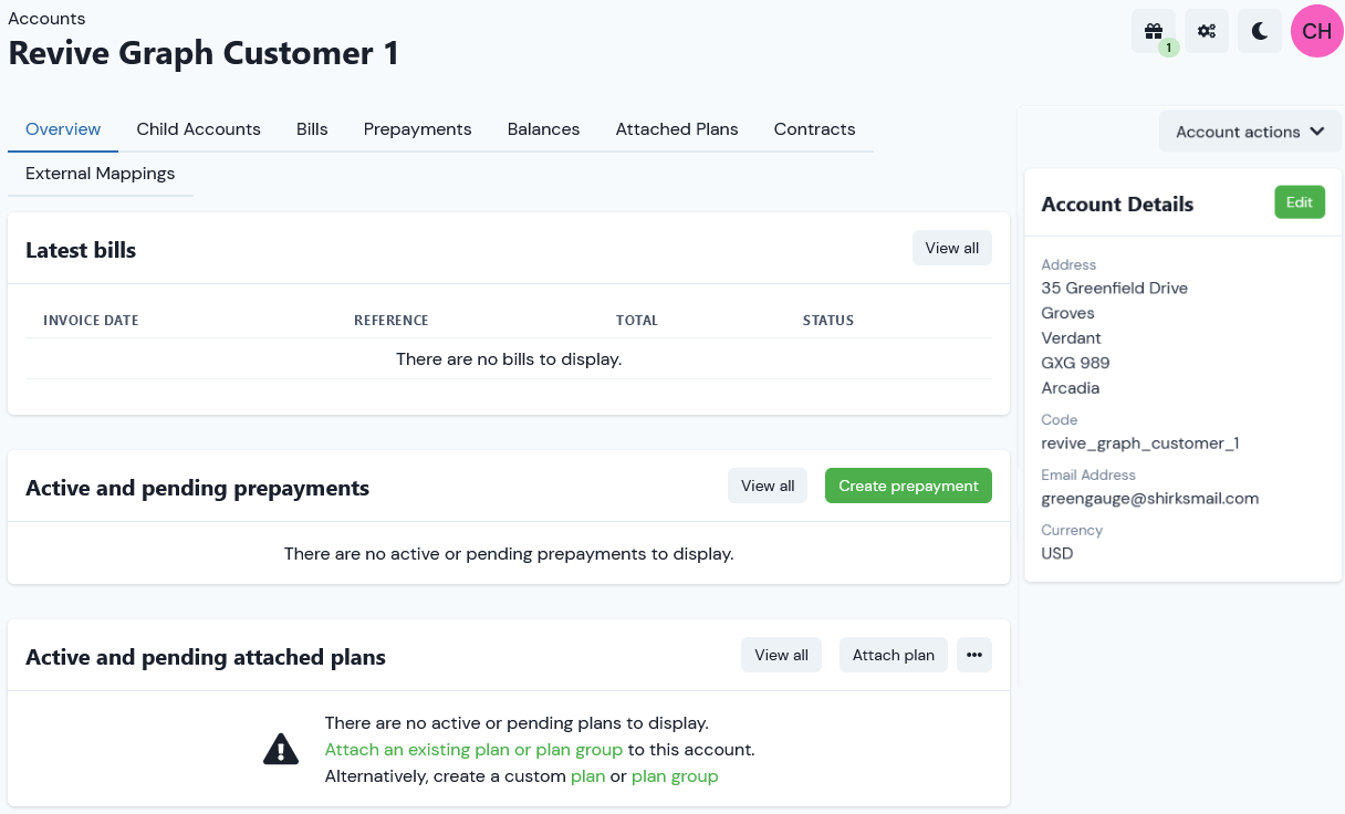 Example of account set up in m3ter (showing bills - and account details)