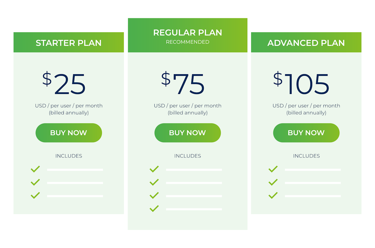 Example of a fixed subscription with three plans