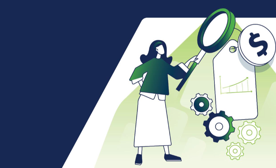 Cartoon of women looking at pricing with magnifying glass