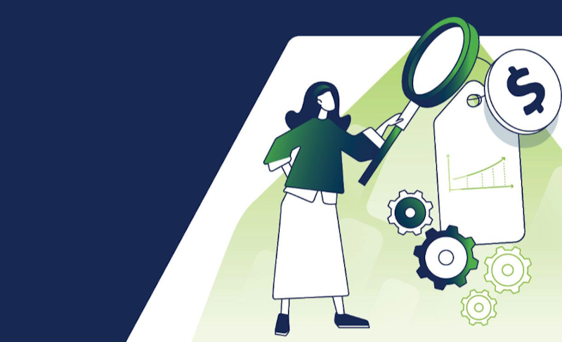 Cartoon of women looking at pricing with magnifying glass