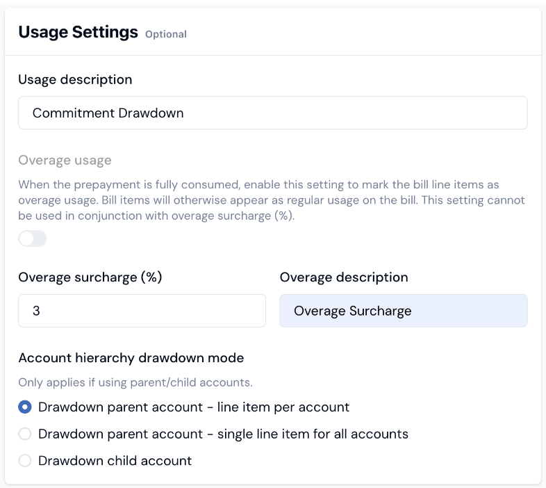 screenshot of usage settings in m3ter