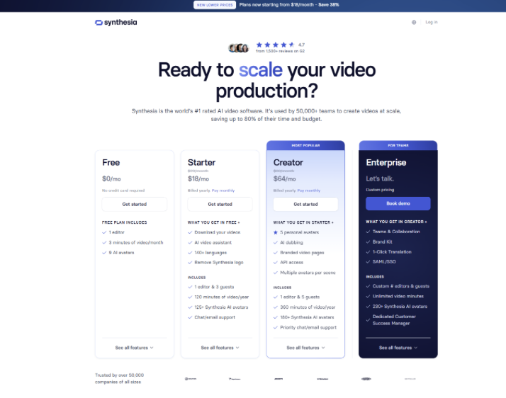Synthesia pricing page