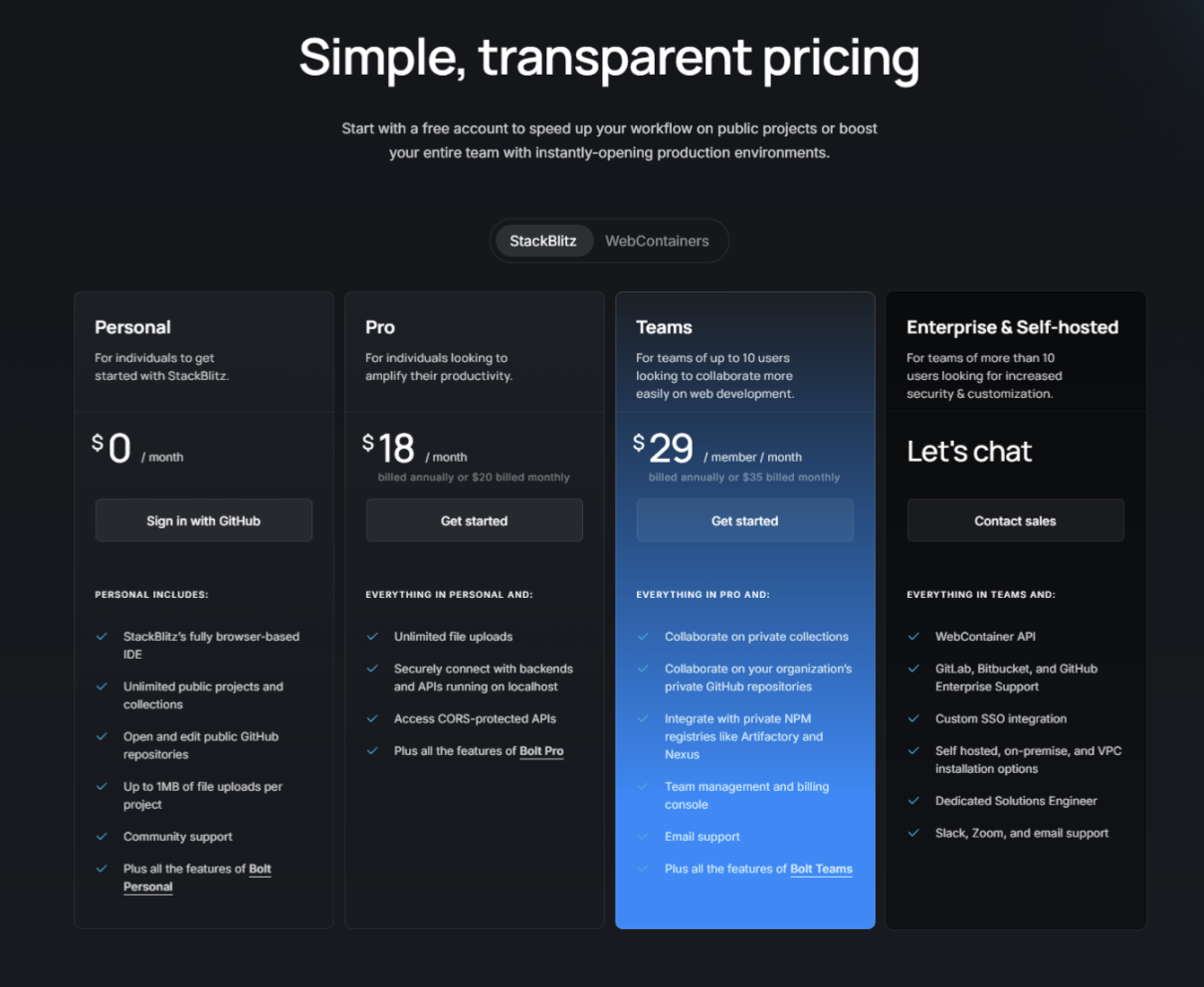 StackBlitz pricing page
