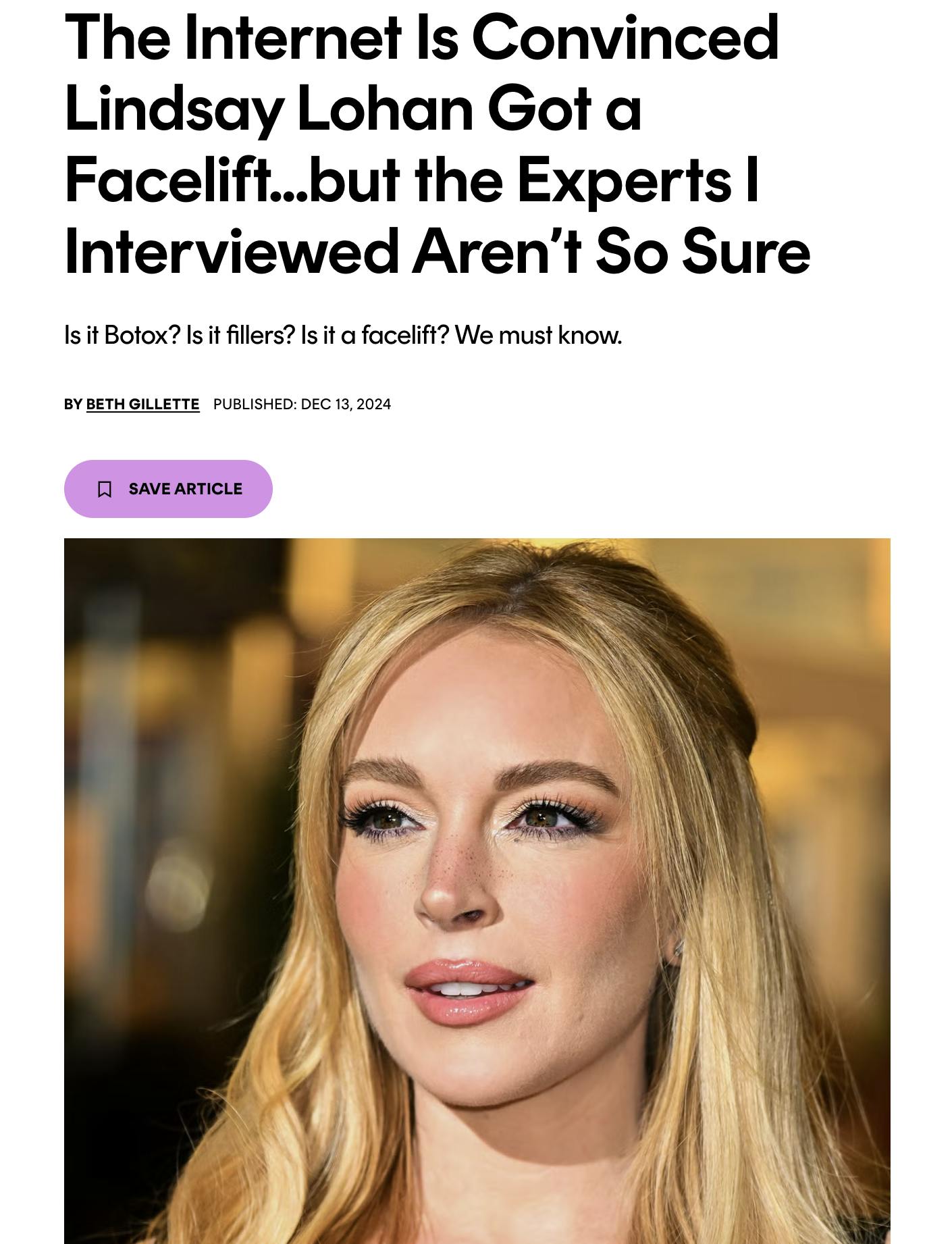 Cosmopolitan: The Internet Is Convinced Lindsay Lohan Got a Facelift...but the Experts I Interviewed Aren’t So Sure