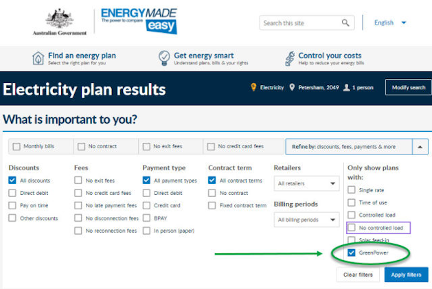 Image of energy made easy website with the tick box for green power circled