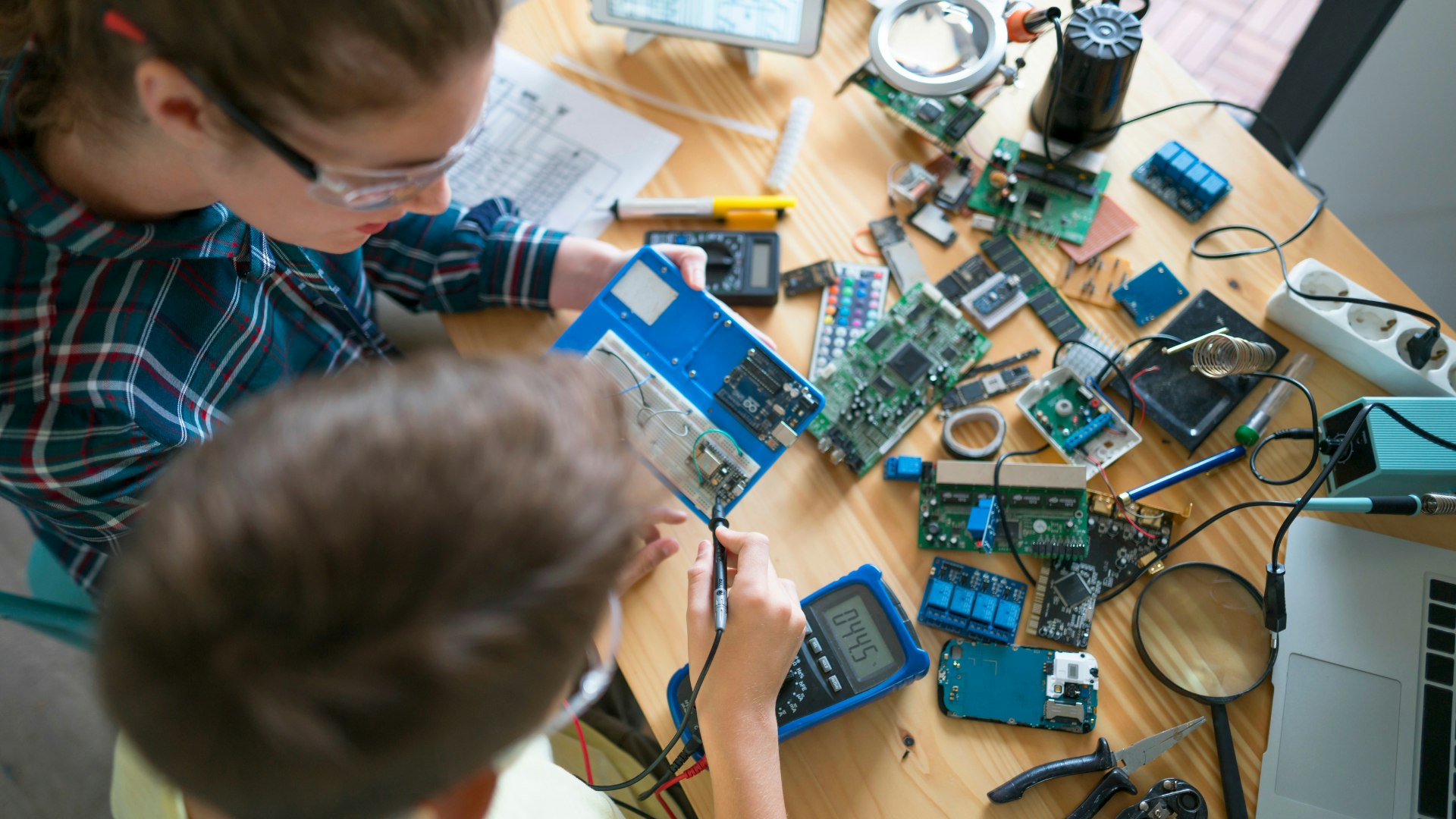 Students working with electronics
