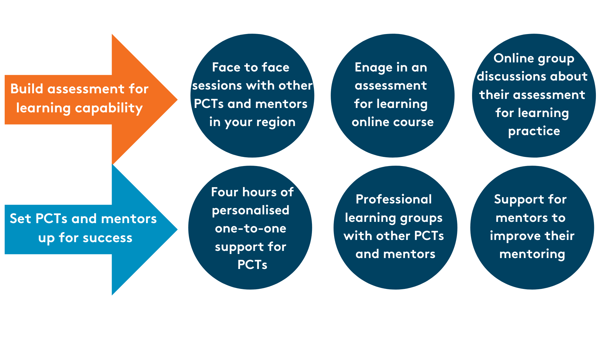 Build assessment for learning capability - face to face sessions with other PCTs and mentors, engage in AfL online course, online group discussions. Set PCTs and mentors up for success - personalised support, PLGs with other PCTs and mentors, support to improve mentoring.
