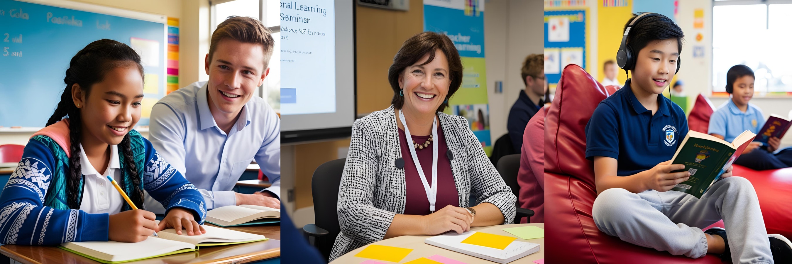 Three image. The first on the left shows a Pākehā male teacher sitting beside a Pāsika female student in a classroom. The student has a book open and is writing in it. The teacher is looking at the viewer. The middle image shows a middle aged Pākehā teacher. They are sitting at a table in a professional leaning workshop. They have a lanyard around their nexk and have a notebook open on the table in front of them. There is a yellow post-it on the open notebook page. The image on the right shows an Asian boy aged between 11 - 13. He is sitting in a beanbag in a classroom. He is wearing headphones and is reading from a open he is holding outstretched in front of him.