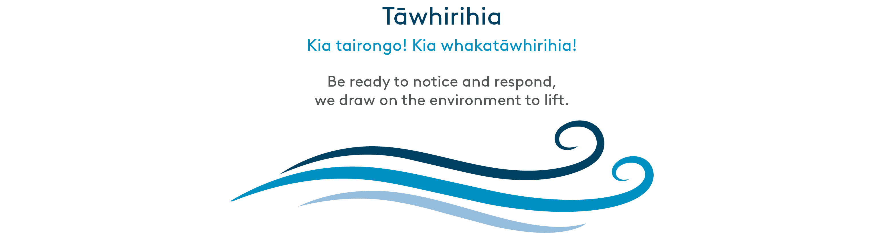 Graphic featuring the word “Tāwhirihia” above the phrase “Kia tairongo! Kia whakatāwhirihia!” and the English line “Be ready to notice and respond, we draw on the environment to lift,” with a stylised blue wind illustration underneath on a light background.