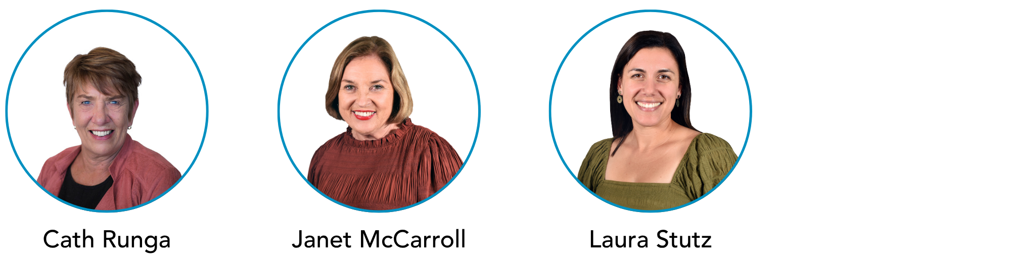 Portraits of three facilitators from left to right: Cath Runga, Janet McCarroll and Laura Stutz