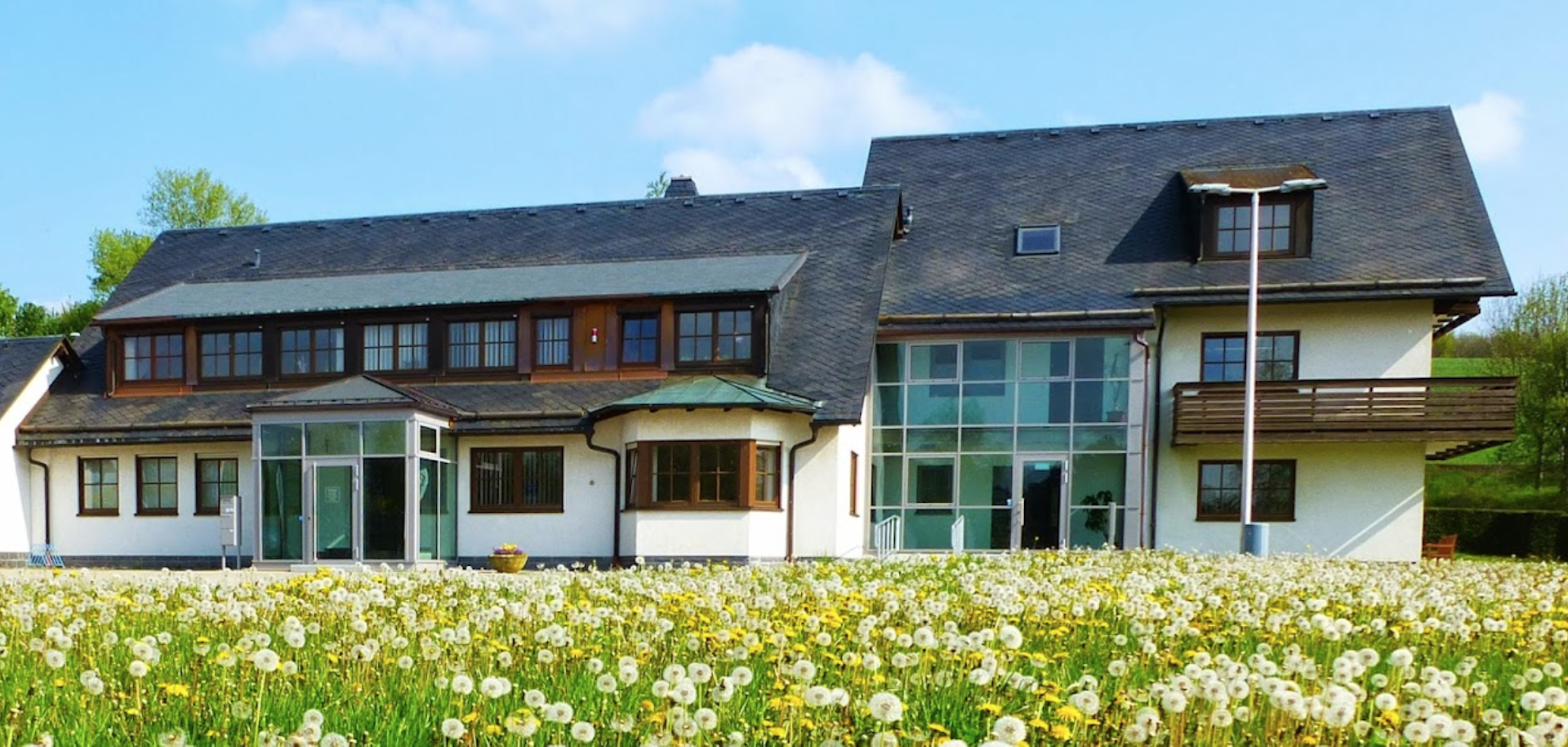Blick auf das Gebäude der Stadtwerke Oelsnitz GmbH, davor eine Wiese mit Löwenzahn