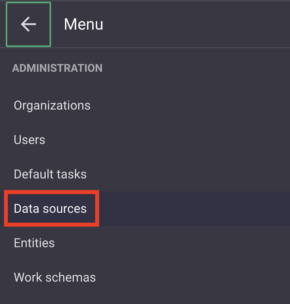 Menu to reach data sources in Boards on Fire.