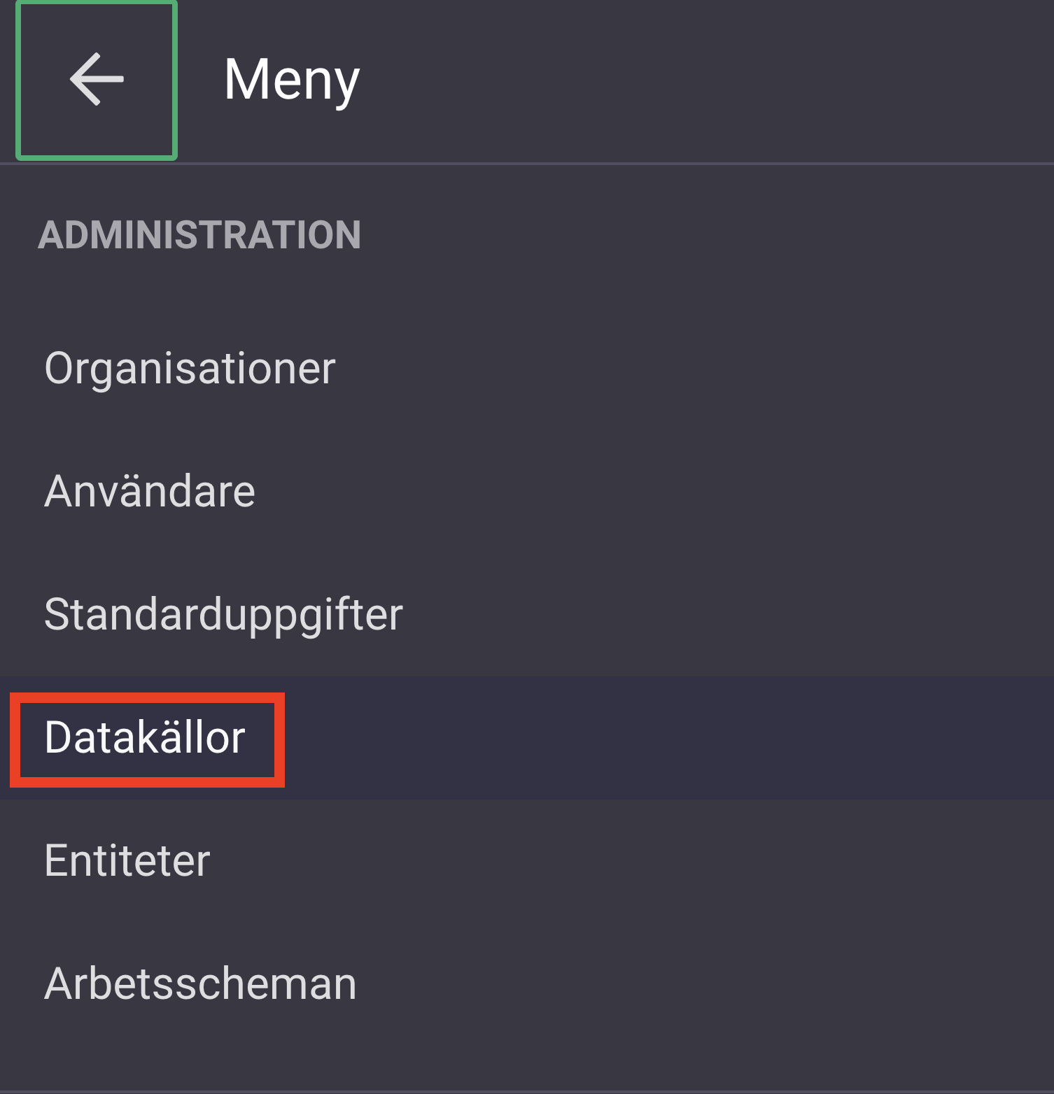 Menyn för att nå datakällor i Boards on Fire.