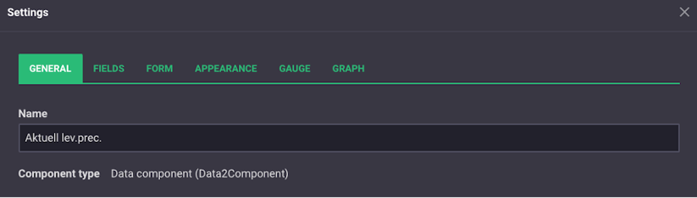 Settings in a data component in Boards on Fire.