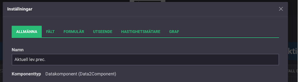 Inställningsalternativ i en datakomponent i Boards on Fire.