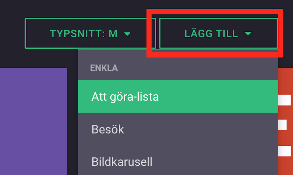 Meny för att lägga till komponent i översiktstavla.