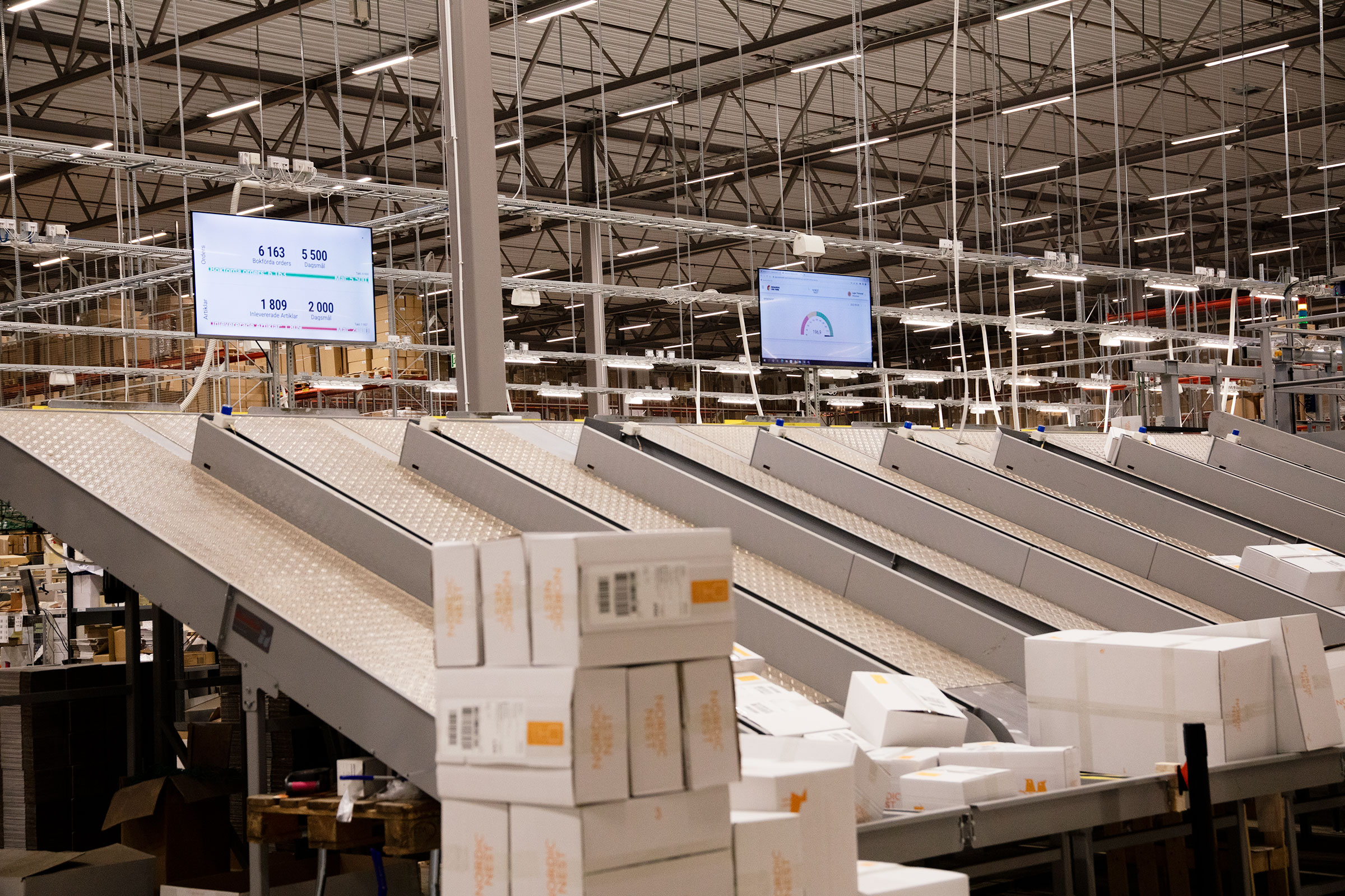 Production pace boards in Boards on Fire at Nordic Nest's warehouse in Kalmar.