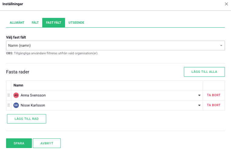 Resursplanering fast fält Fast fält i resursplaneringen
