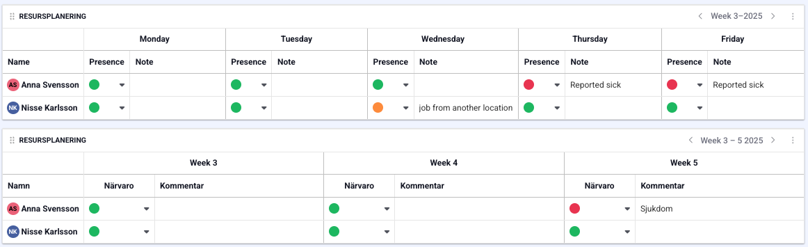 Resursplanering daglig och veckovy Vecko och dagsvy över resursplaneringen