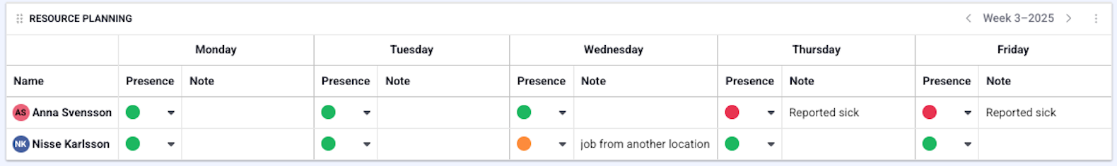 Daily view of the resource planning
