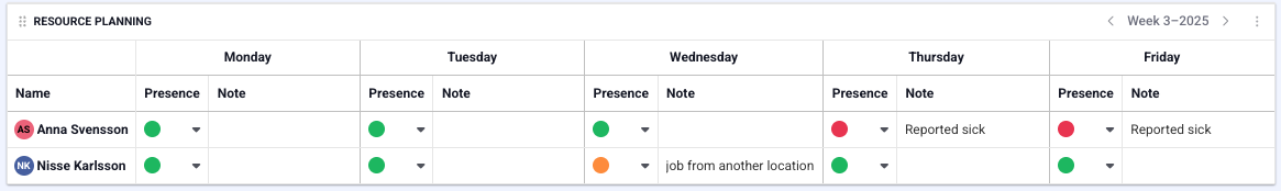 Resource planning daily view Daily view of the resource planning