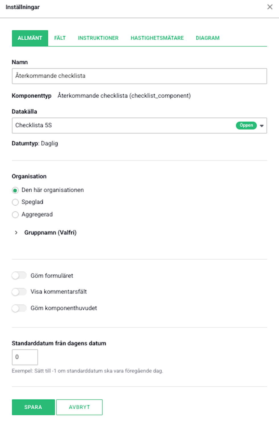 Allmänt fliken under inställningar i återkommande checklista