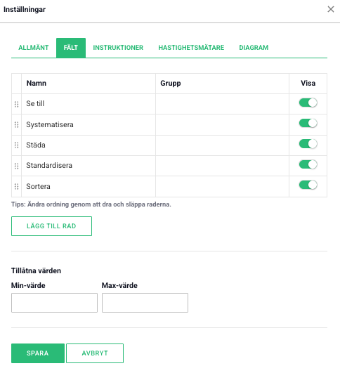 Återkommande checklista fält Fält fliken under inställningar i återkommande checklista